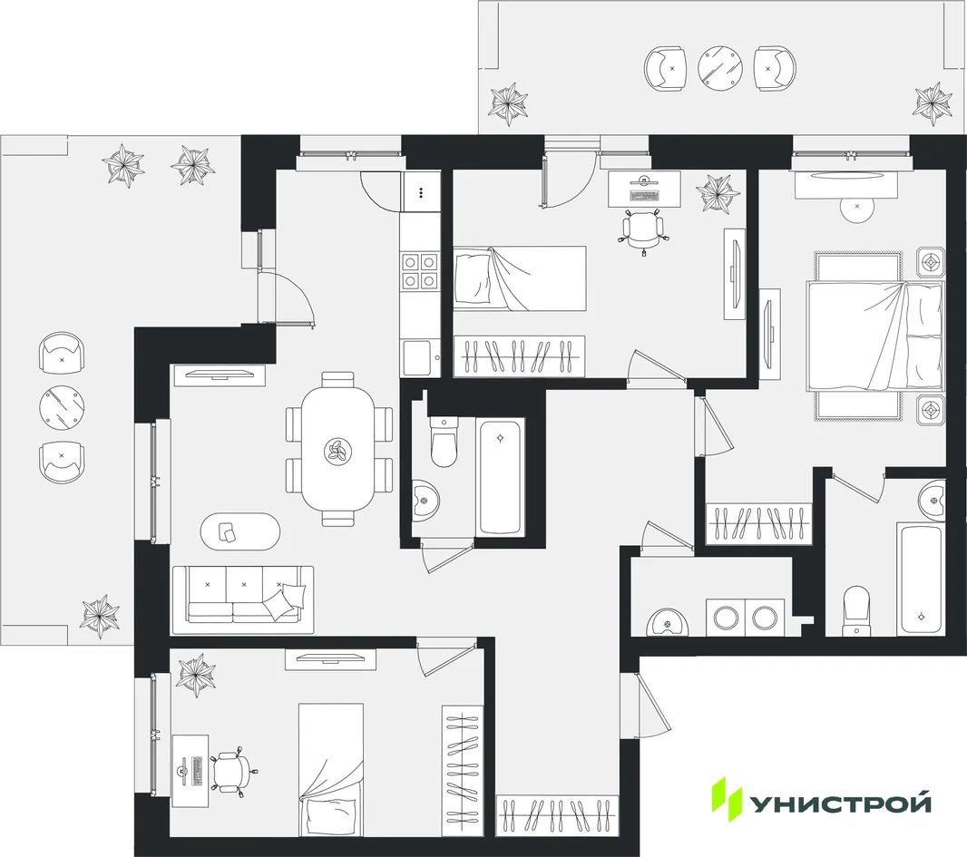 Планировка 3-комн. квартира, 100.39 м² ЖК «Уникум на Ленинском»