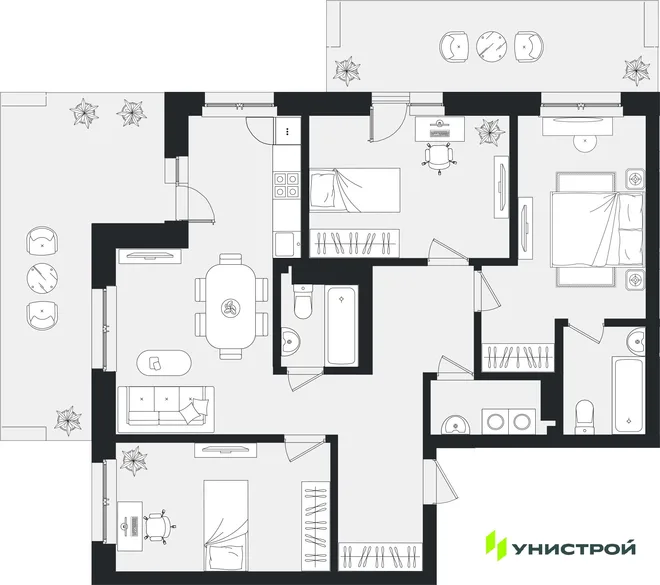 Планировка 3-комн. квартира, 100.39 м² ЖК «Уникум на Ленинском» Планировка 3-комн. квартира, 100.39 м² ЖК «Уникум на Ленинском»