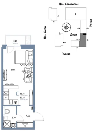 Планировка Студия, 32.36 м² ЖК «Европейский берег 2.0»