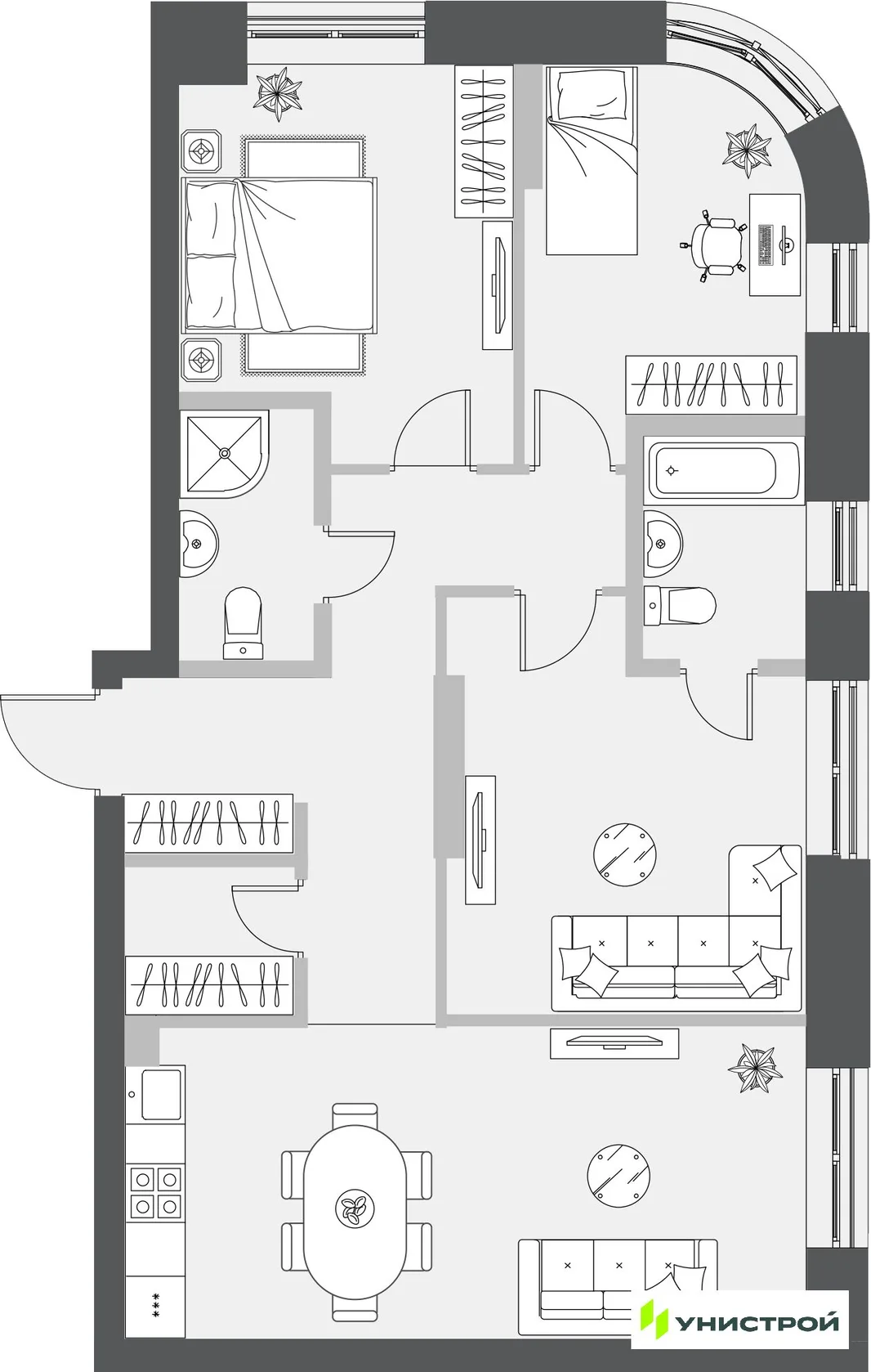 Планировка 3-комн. квартира, 81.43 м² ЖК «Уникум на Проспекте Победы»