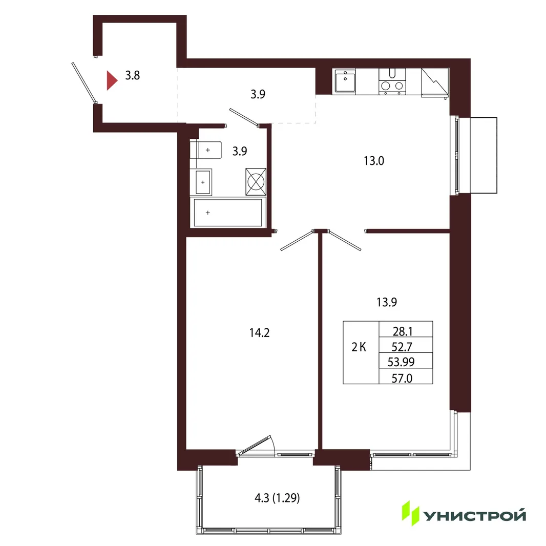 Планировка 2-комн. квартира, 53.99 м² ЖК «Лисино»