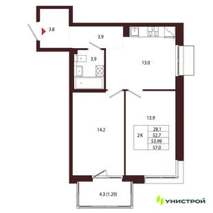 Планировка 2-комн. квартира, 53.99 м² ЖК «Лисино»