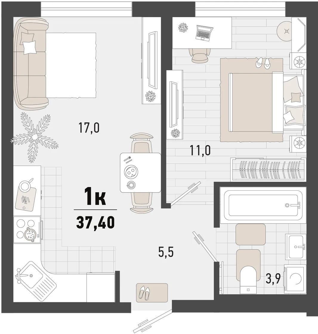 Планировка 1-комн. квартира, 37.4 м² ЖК «Барса»