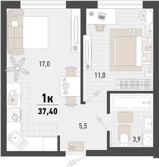 Планировка 1-комн. квартира, 37.4 м² ЖК «Барса»