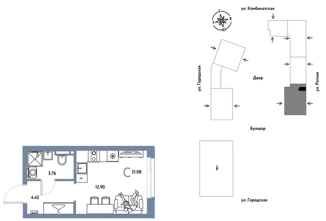 Планировка Студия, 21.08 м² ЖК «Уральский сад» Планировка Студия, 21.08 м² ЖК «Уральский сад»