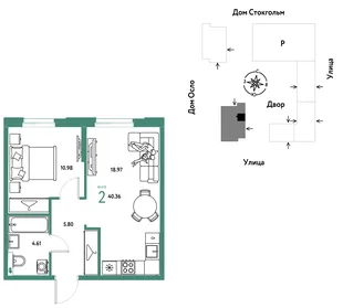 Планировка 2-комн. квартира, 40.36 м² ЖК «Европейский берег 2.0»