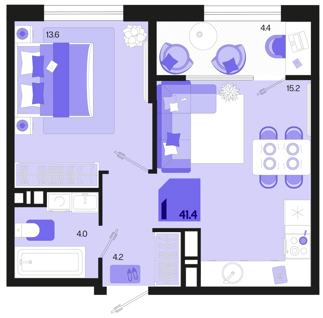 Планировка 1-комн. квартира, 41.4 м² ЖК «Первое место»