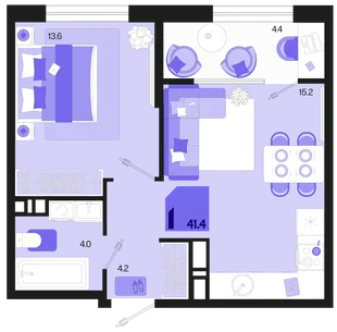 Планировка 1-комн. квартира, 41.4 м² ЖК «Первое место»
