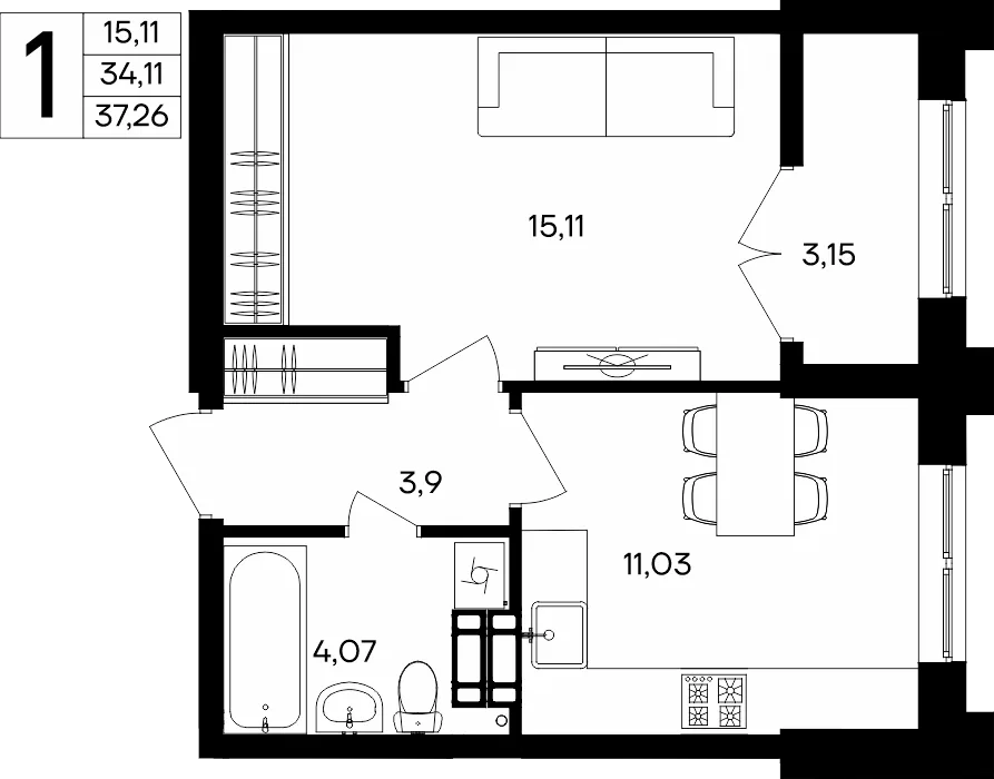 Планировка 1-комн. квартира, 37.26 м² ЖК «Семисчастье»