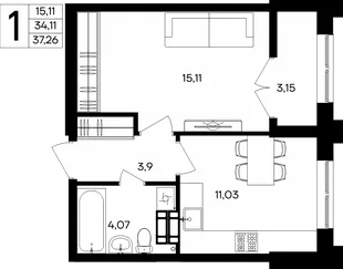 Планировка 1-комн. квартира, 37.26 м² ЖК «Семисчастье»