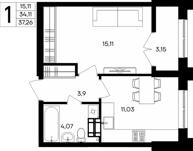 Планировка 1-комн. квартира, 37.26 м² ЖК «Семисчастье» Планировка 1-комн. квартира, 37.26 м² ЖК «Семисчастье»