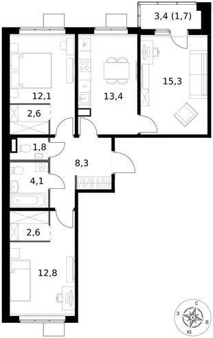 Квартира 3-комн. квартира, 74.7 м² ЖК «1-й Ясеневский» Фото 1 Квартира 3-комн. квартира, 74.7 м² ЖК «1-й Ясеневский» Фото 1
