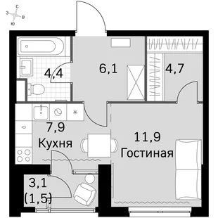 Квартира Студия, 34.4 м² ЖК «Sky Garden» Фото 1