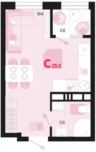 Планировка Студия, 25.5 м² ЖК «Первое место»