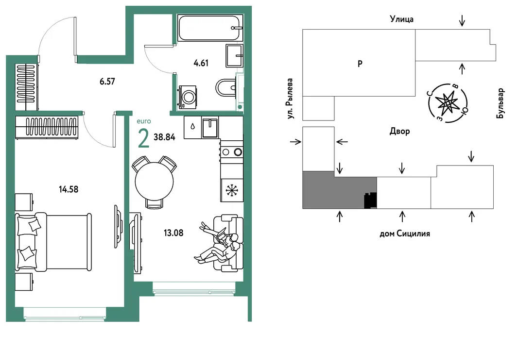 Планировка 2-комн. квартира, 38.84 м² ЖК «Остров-сад»