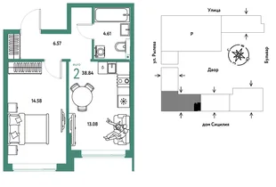 Планировка 2-комн. квартира, 38.84 м² ЖК «Остров-сад»