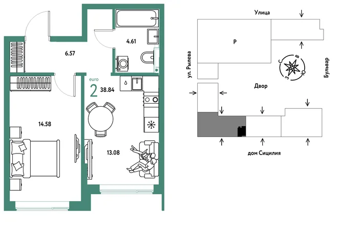 Планировка 2-комн. квартира, 38.84 м² ЖК «Остров-сад» Планировка 2-комн. квартира, 38.84 м² ЖК «Остров-сад»