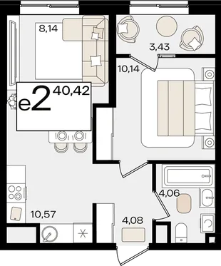Планировка 2-комн. квартира, 40.42 м² ЖК «Патрики»