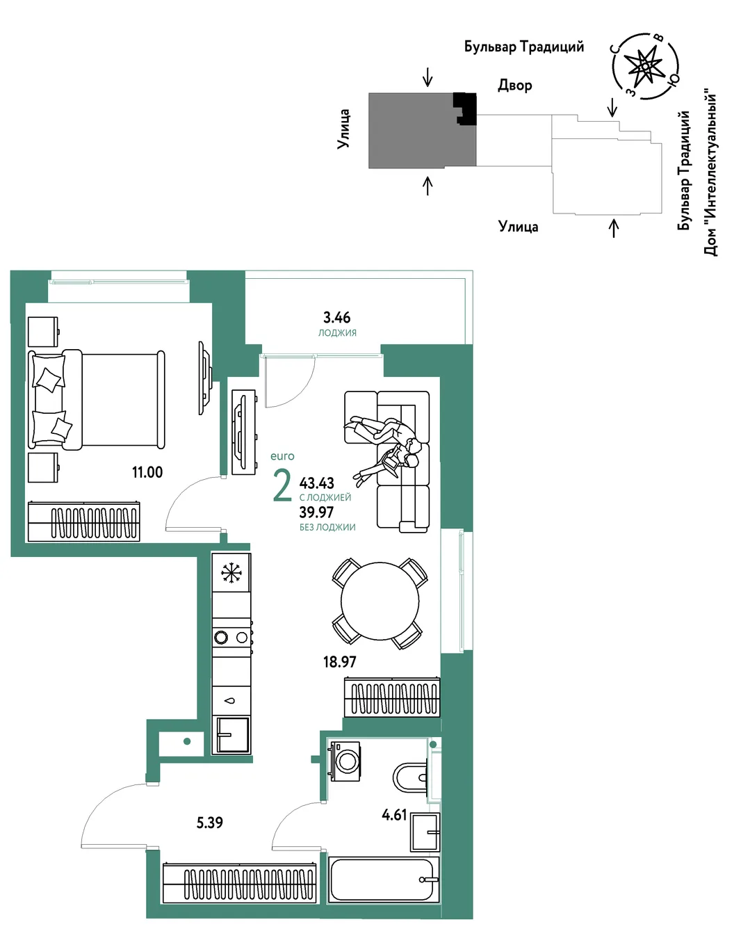 Планировка 2-комн. квартира, 43.43 м² ЖК «Микрорайон Домашний»