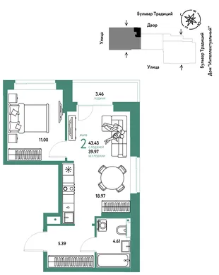 Планировка 2-комн. квартира, 43.43 м² ЖК «Микрорайон Домашний»