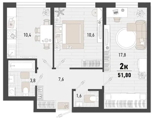 Планировка 2-комн. квартира, 51.8 м² ЖК «Барса»