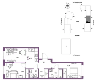 Планировка 3-комн. квартира, 60.75 м² ЖК «Уральский сад»