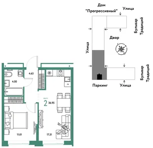 Планировка 2-комн. квартира, 36.95 м² ЖК «Микрорайон Домашний»