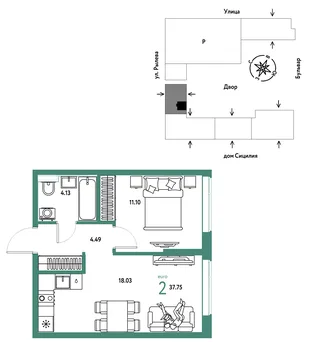 Планировка 2-комн. квартира, 37.75 м² ЖК «Остров-сад»