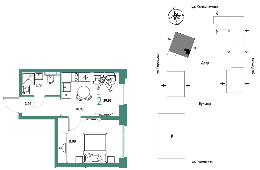Планировка 2-комн. квартира, 29.95 м² ЖК «Уральский сад»