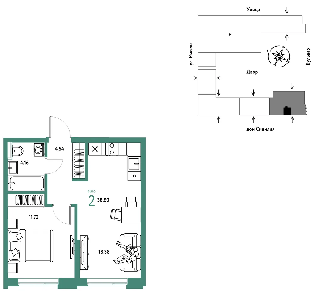 Планировка 2-комн. квартира, 38.8 м² ЖК «Остров-сад»