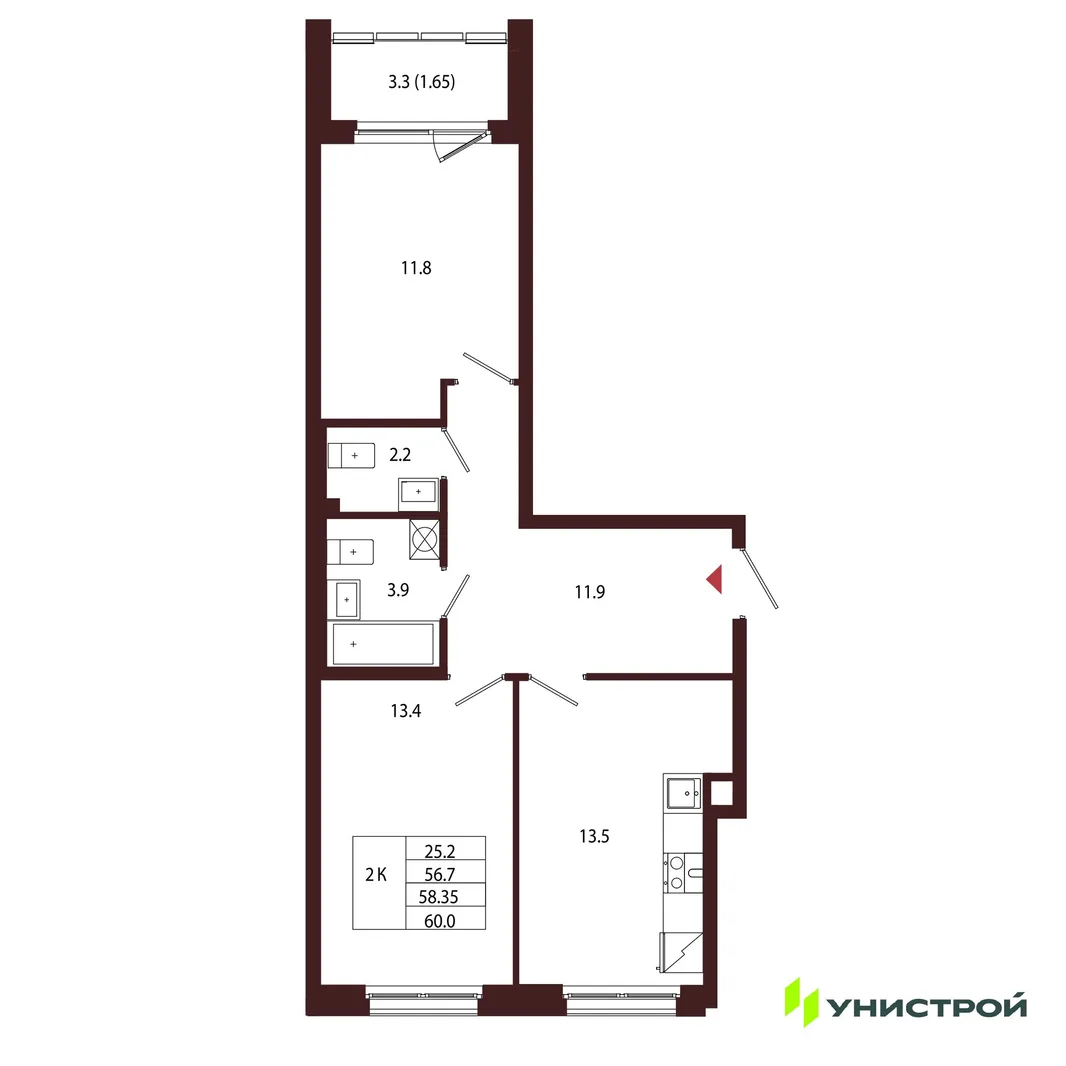Планировка 2-комн. квартира, 58.35 м² ЖК «Лисино»