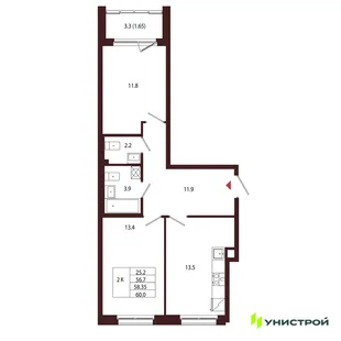 Планировка 2-комн. квартира, 58.35 м² ЖК «Лисино»