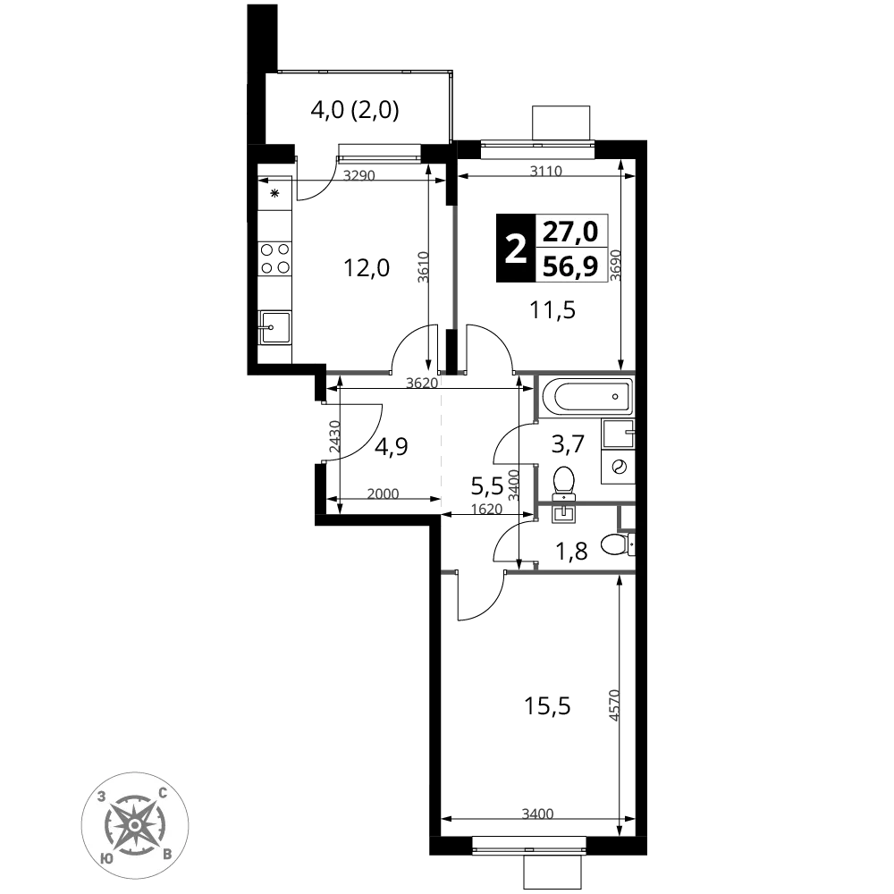 Планировка 2-комн. квартира, 56.9 м² ЖК «1-й Шереметьевский»