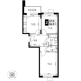 Планировка 2-комн. квартира, 56.9 м² ЖК «1-й Шереметьевский»