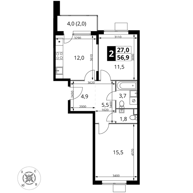 Планировка 2-комн. квартира, 56.9 м² ЖК «1-й Шереметьевский» Планировка 2-комн. квартира, 56.9 м² ЖК «1-й Шереметьевский»