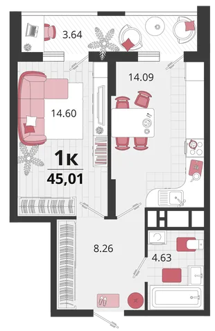 Планировка 1-комн. квартира, 44.3 м² ЖК «Родные просторы»