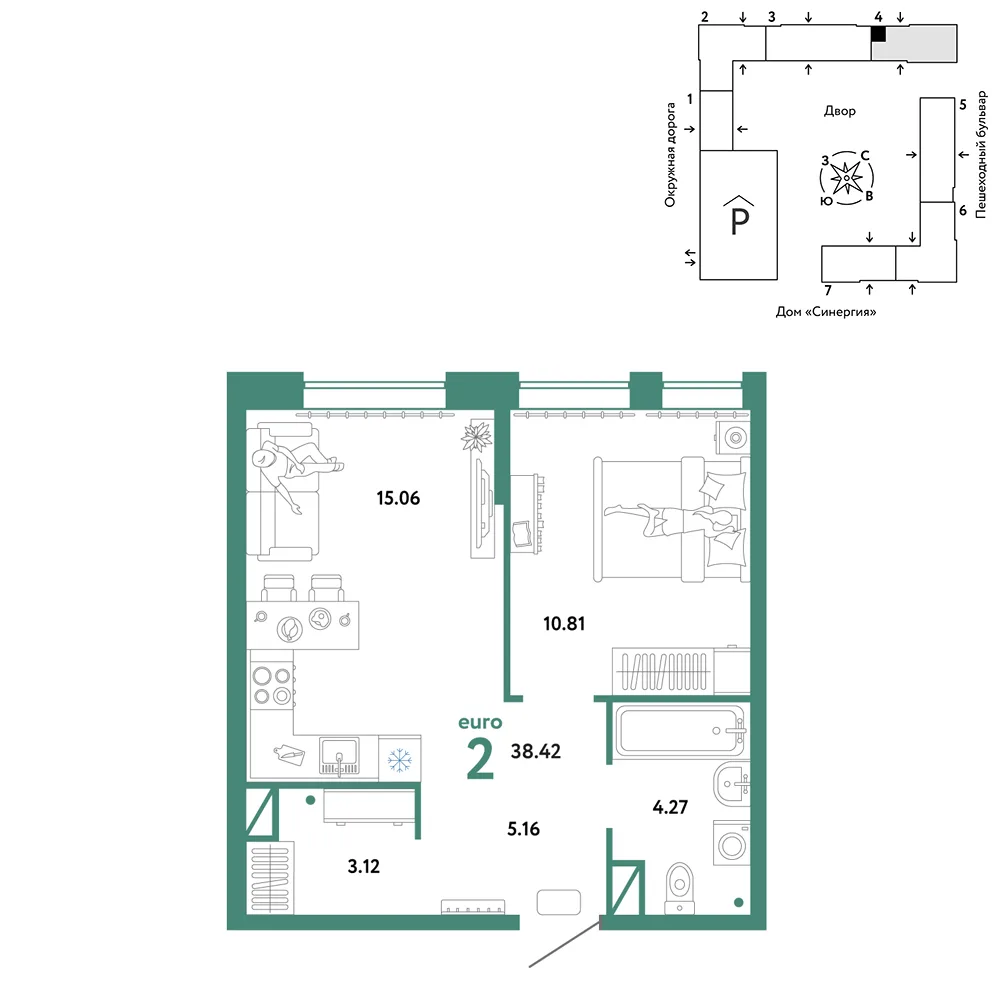 Планировка 2-комн. квартира, 38.42 м² ЖК «Юнион»