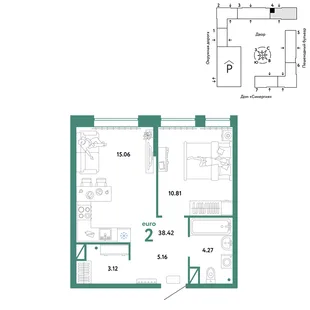 Планировка 2-комн. квартира, 38.42 м² ЖК «Юнион»