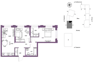 Планировка 3-комн. квартира, 61.64 м² ЖК «Уральский сад»