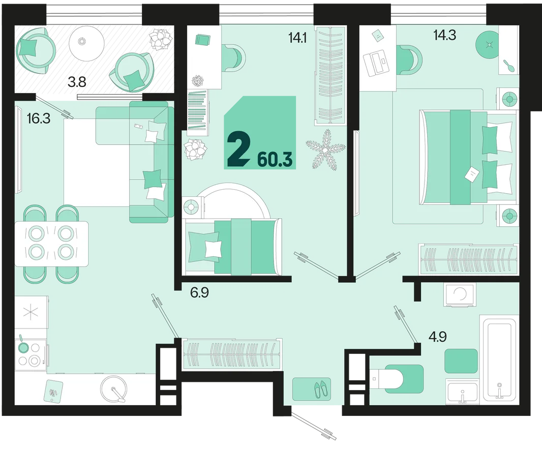 Планировка 2-комн. квартира, 60.3 м² ЖК «Первое место»