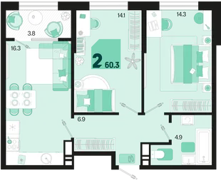 Планировка 2-комн. квартира, 60.3 м² ЖК «Первое место»