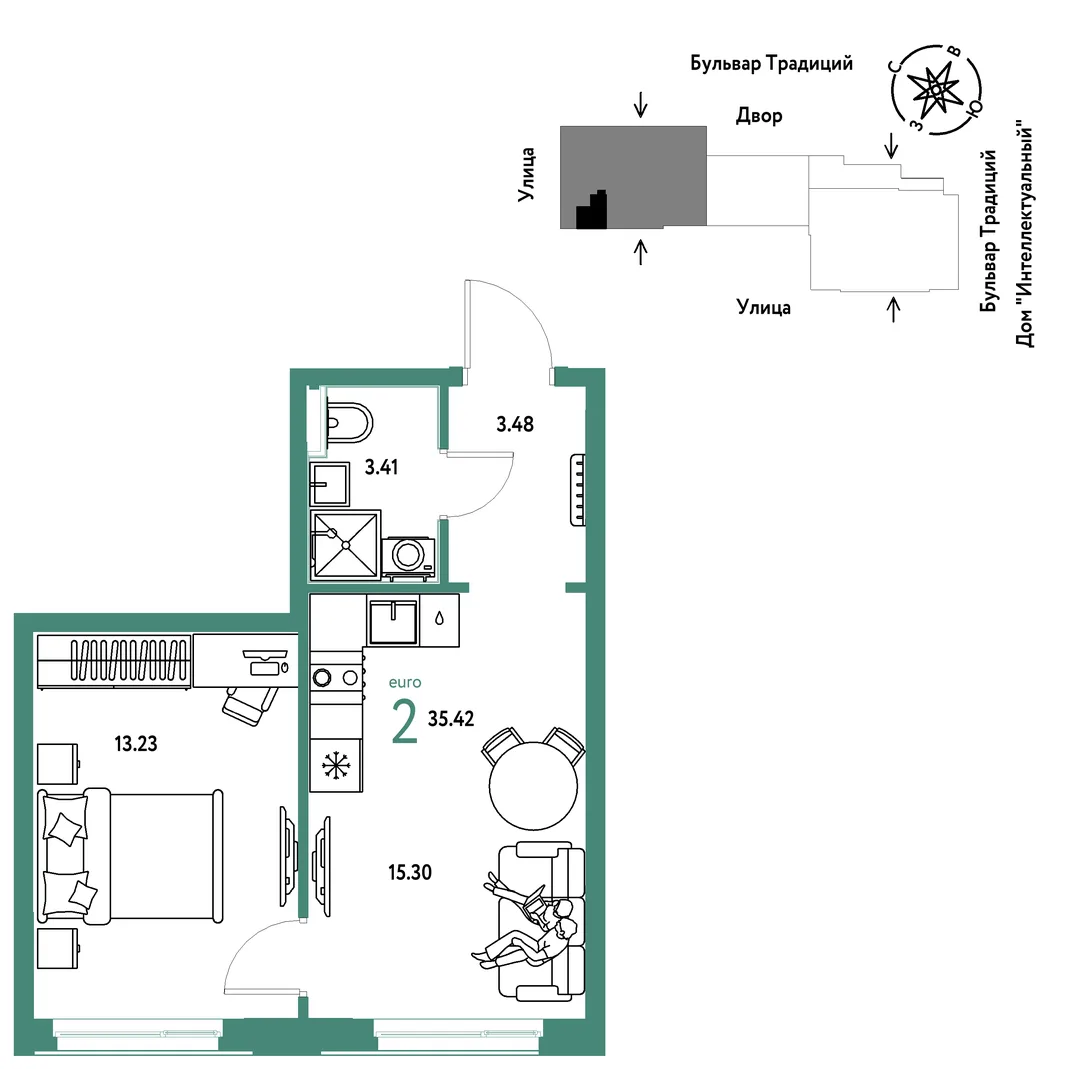 Планировка 2-комн. квартира, 35.42 м² ЖК «Микрорайон Домашний»