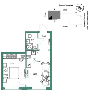 Планировка 2-комн. квартира, 35.42 м² ЖК «Микрорайон Домашний»
