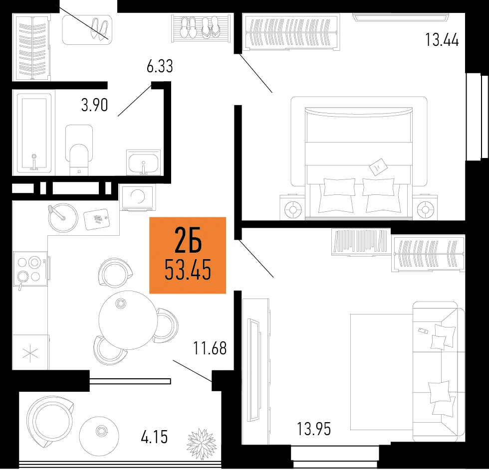 Планировка 2-комн. квартира, 53.45 м² ЖК «Столицыно»