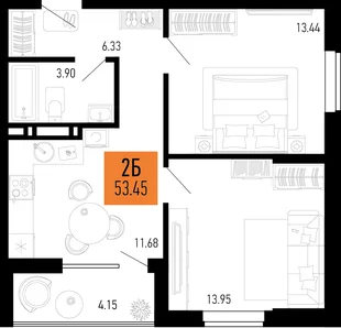 Планировка 2-комн. квартира, 53.45 м² ЖК «Столицыно»