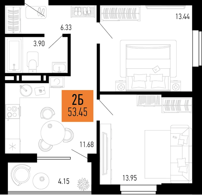 Планировка 2-комн. квартира, 53.45 м² ЖК «Столицыно» Планировка 2-комн. квартира, 53.45 м² ЖК «Столицыно»