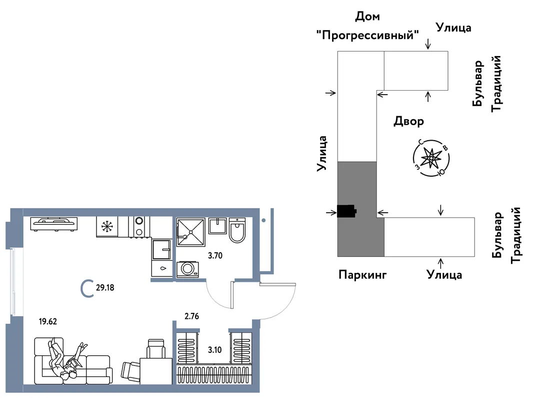 Планировка Студия, 29.18 м² ЖК «Микрорайон Домашний»
