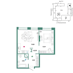 Планировка 2-комн. квартира, 43.59 м² ЖК «Юнион»