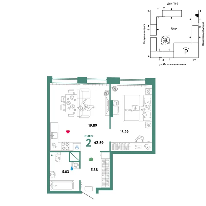 Планировка 2-комн. квартира, 43.59 м² ЖК «Юнион» Планировка 2-комн. квартира, 43.59 м² ЖК «Юнион»