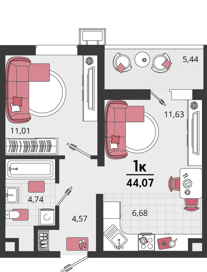 Планировка 2-комн. квартира, 44.07 м² ЖК «Родные просторы»
